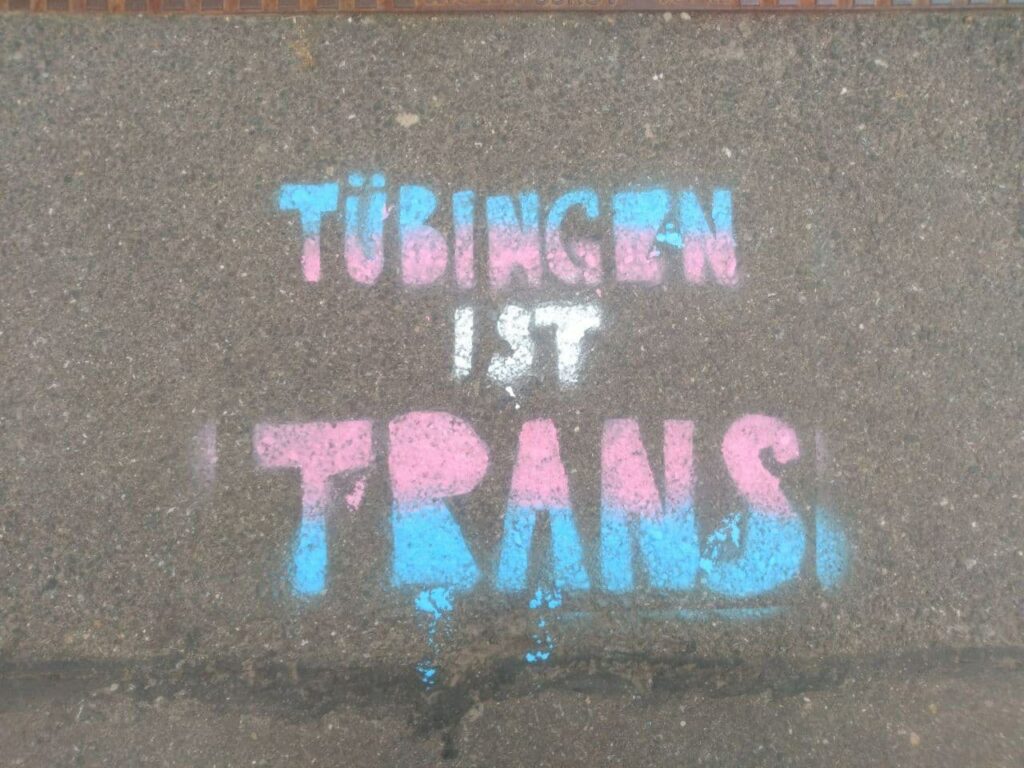 Bildbeschreibung: Auf Asphaltboden ist mittig ein Schriftzug gesprüht. Er trägt die Farben der trans-Flagge und sagt „Tübingen ist trans“. 